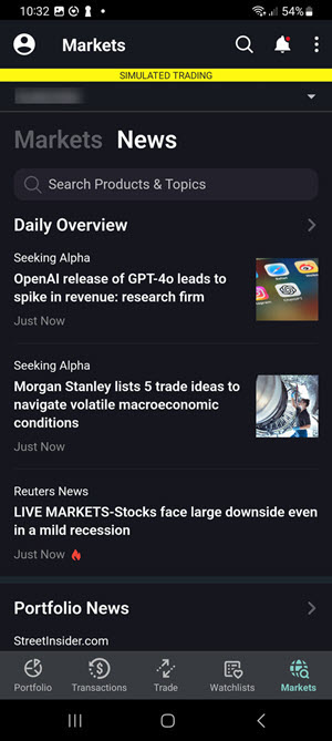 The Portfolio news and media page on the Android Phone